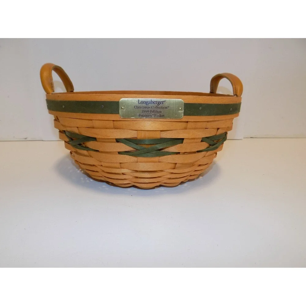 Popcorn Basket w/ Liner & Protector 1999 Christmas Holiday Longaberger GREEN